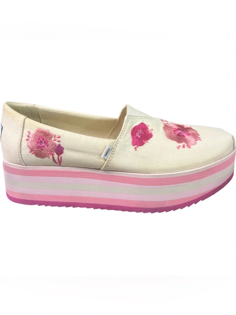 Toms Alpargata Platform Pink Poppies Embroidered Canvas Size 10